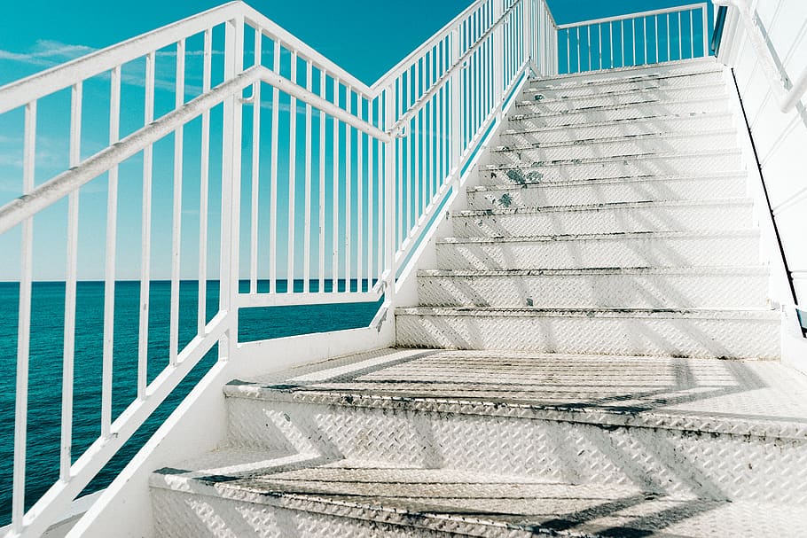 stairs, steps, railing, boat, architecture, staircase, built structure, day, white color, nature