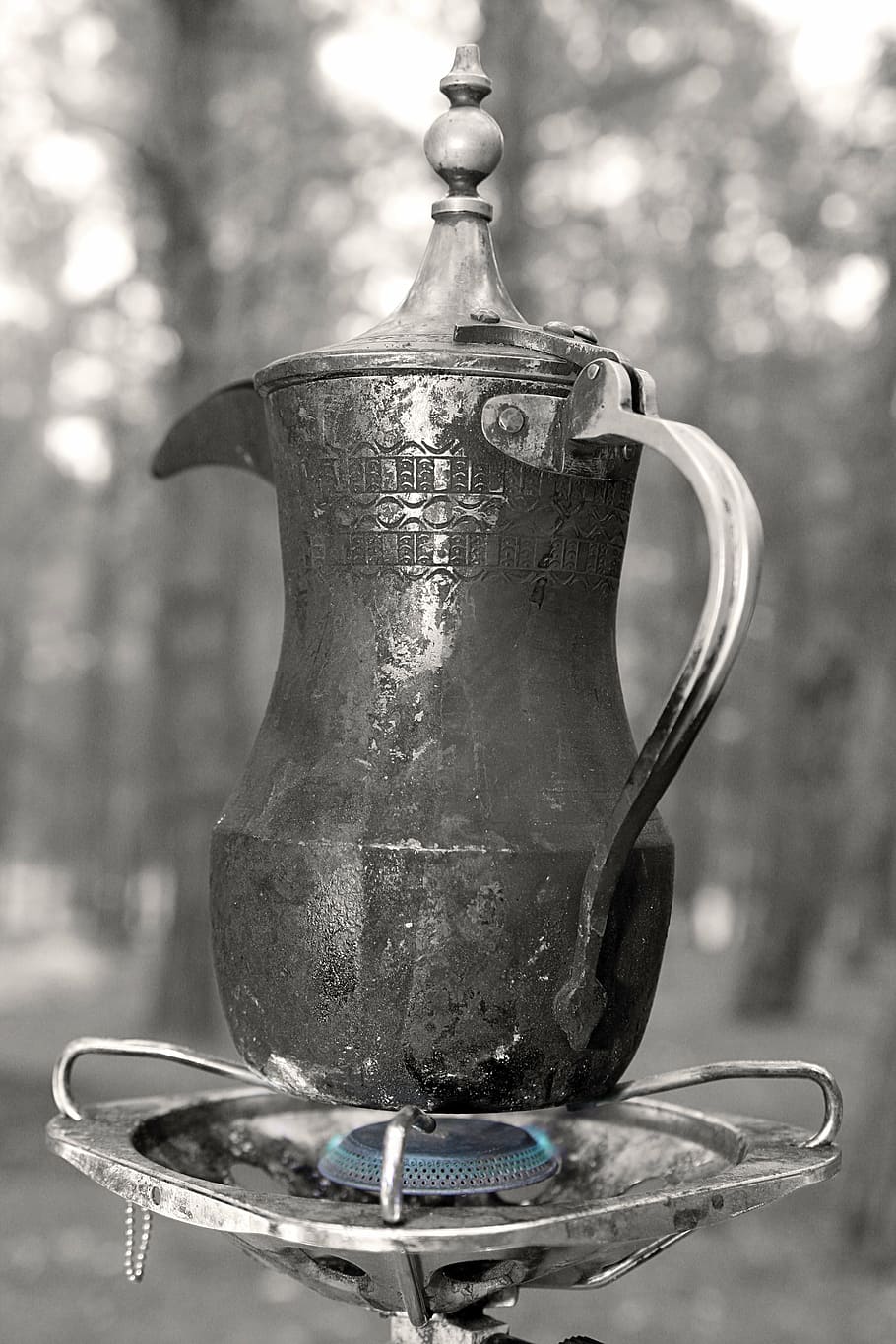 percolator, coffee, natural, focus on foreground, close-up, metal, still life, handle, drink, food and drink