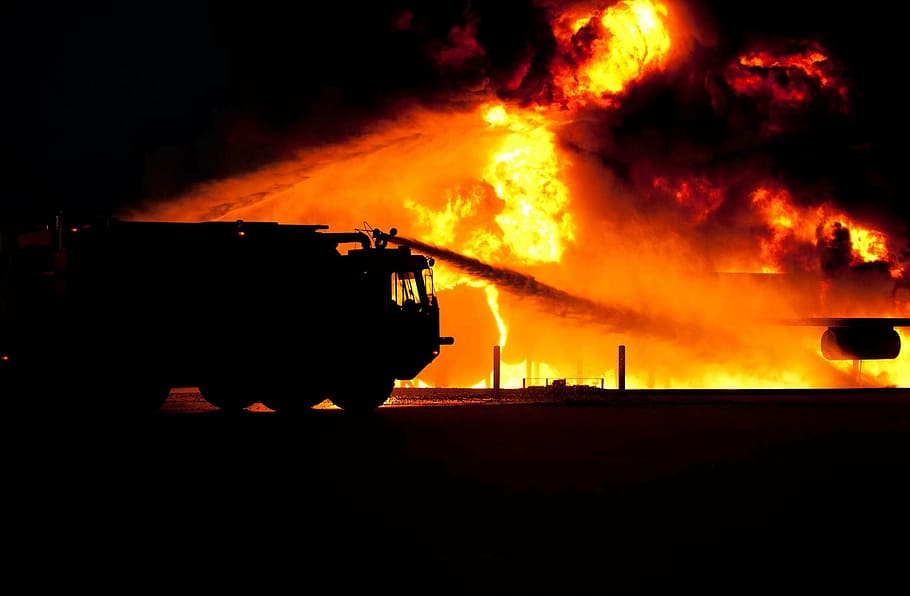 silhouette photo, fire truck, trying, put, fire, danger, dangerous, fight, fighting, outside