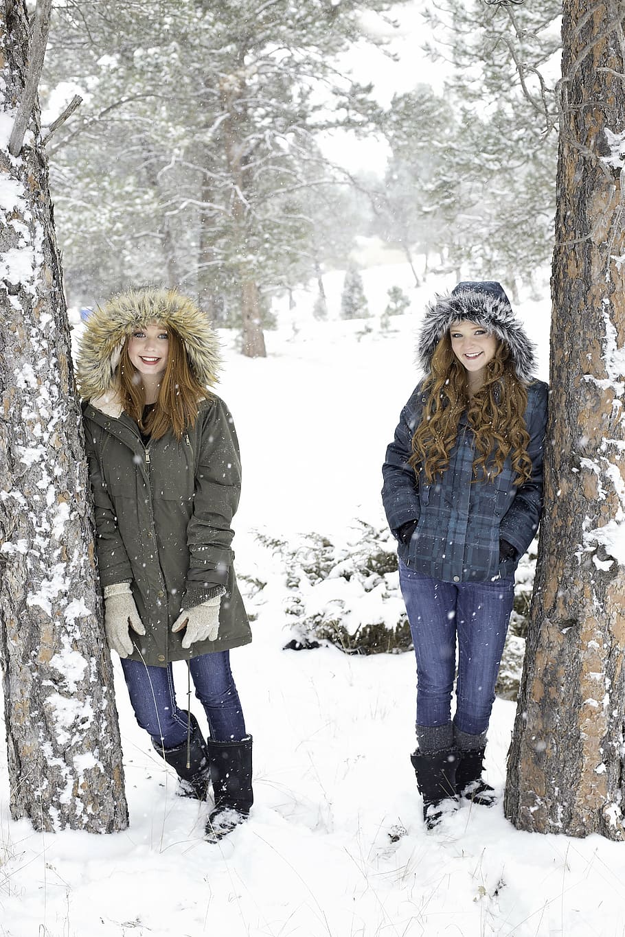 dua, wanita, mengenakan, hitam, biru, jaket jaket, saudara perempuan, berambut merah, musim dingin, turun salju