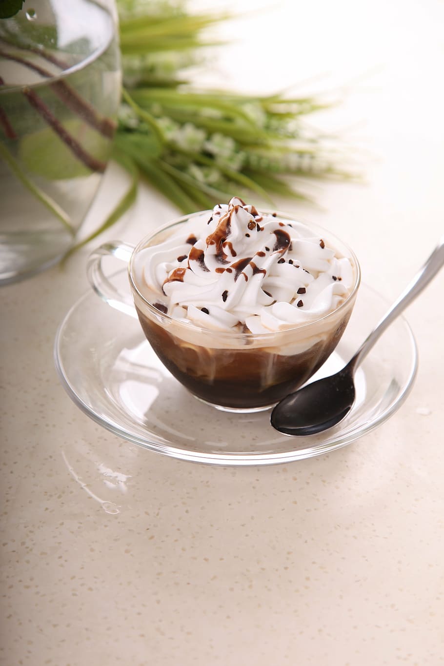 clear, glass cup, filled, coffee, cream, ice cream, dessert, cold beverages, food, gourmet