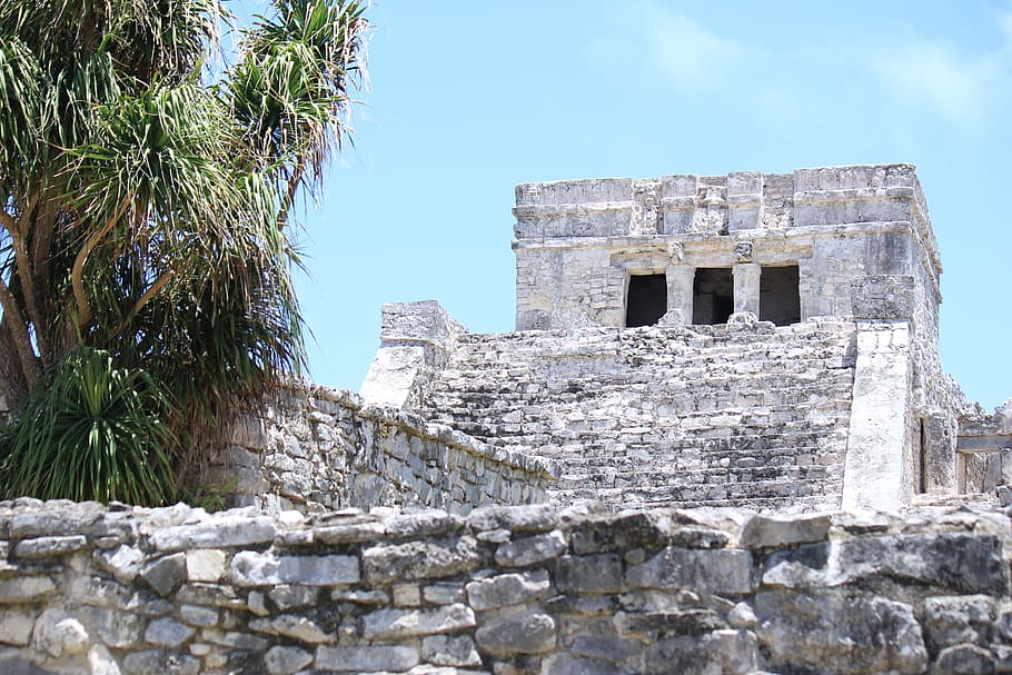 gray, concrete, building, green, leafed, three, blue, sky, ruins, tulum