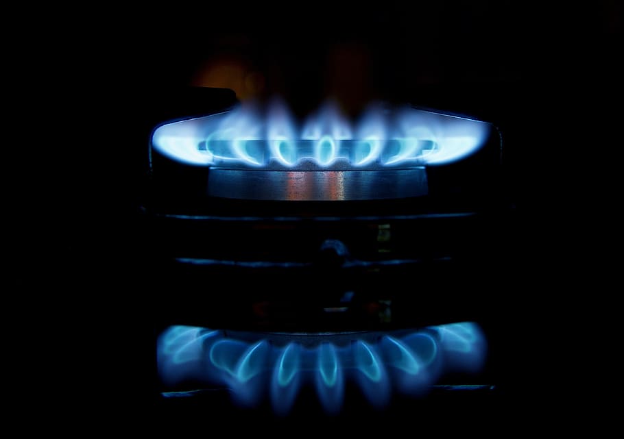close-up photo, turned, gas stove, gas, flames, stove, burner, fire, blue, light