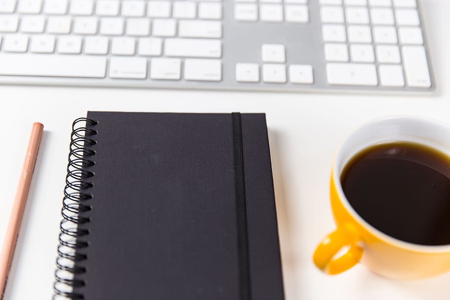coffee cup, notebook, pencil, white, desk, Computer keyboard, technology, business, computer, designer