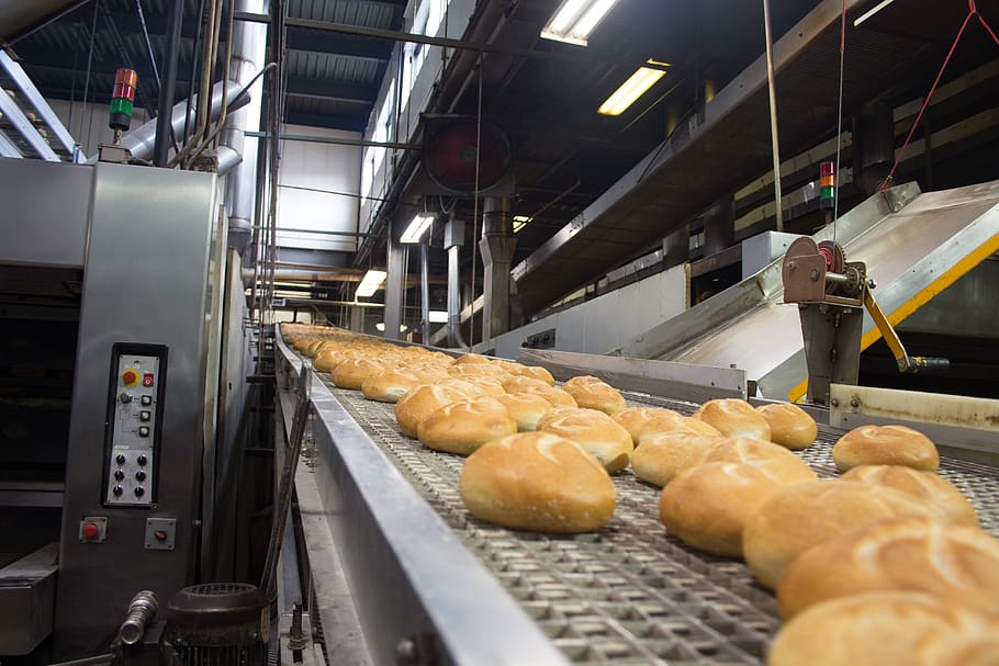 bakery, rolls, assembly line, food and drink, food, freshness, bread, indoors, store, bun