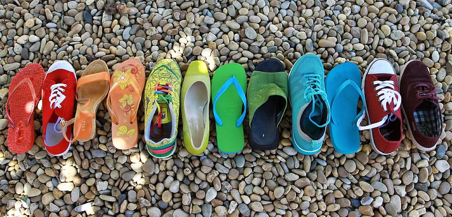 unpaired, shoes, sandals, flip-flops, footwear, pebble, rainbow, lgbt, red, orange