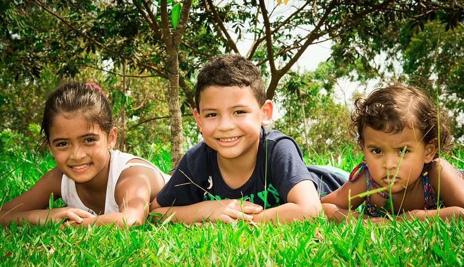 Children, sodding, park, lying in the grass, grass, smiling, child, boys, happiness, togetherness