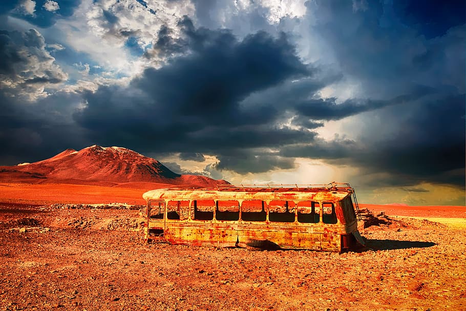 photography, brown, bus frame, next, mountain, daytime, abandoned, wreck, rusty, bus