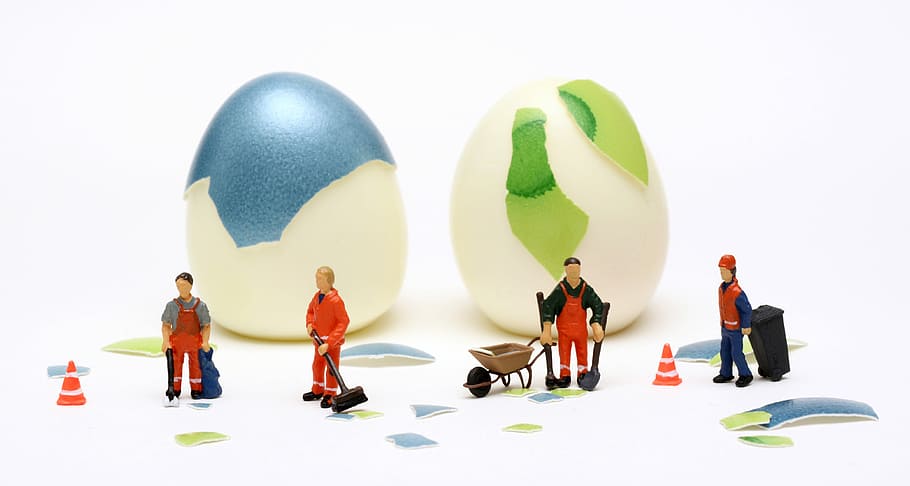 group, workers mini figures, clean, easter eggs, shell, make clean, a street cleaner, miniatures, wipe, broom