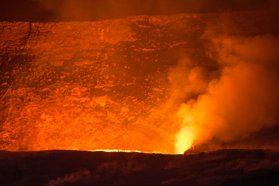 burning, ground, night time, volcano, lava, flowing, eruption, landscape, active, hot