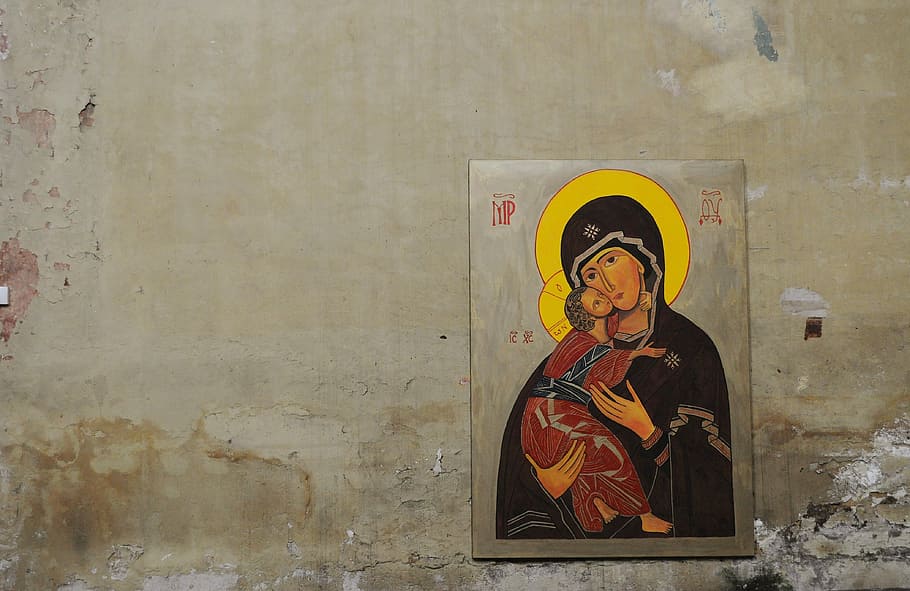 mother mary frame, mary, jesus, painting, wall, holy, christian, christianity, religion, christ