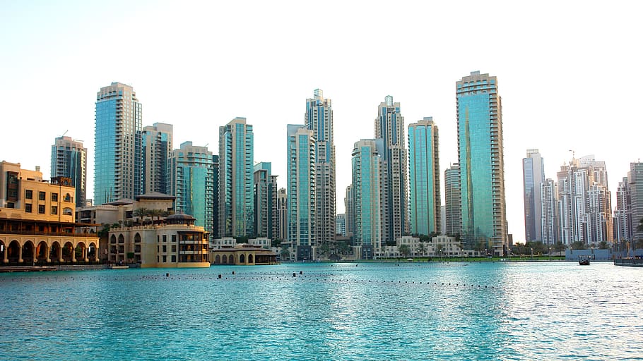 bangunan beton abu-abu, Skyline, Dubai, Pencakar Langit, Kota, arsitektur, menara, bangunan, burj khalifa, air mancur