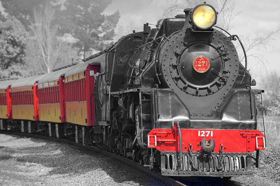 selective, color photography, black, red, train, locomotive, steam locomotive, monument, railroad, vehicles