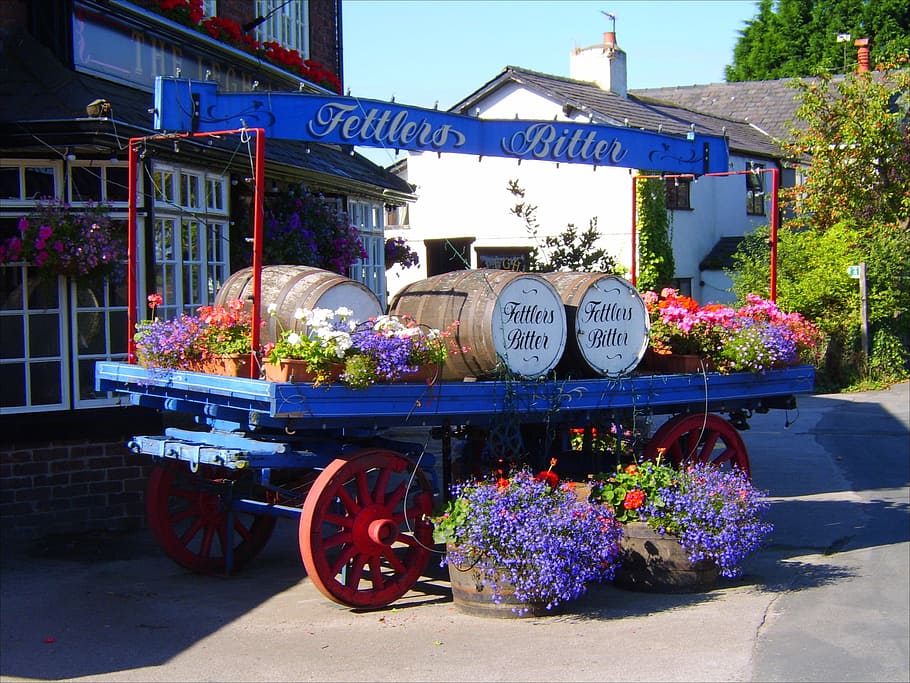 brewery, beer, wagon, plant, flowering plant, flower, nature, day, sunlight, transportation