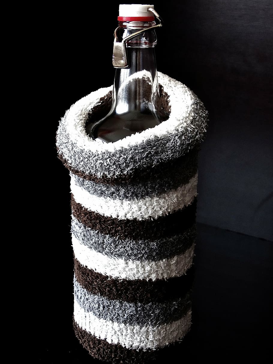 bottle, heat bottle, warming, keep warm, isolate, cold, wool sock, indoors, studio shot, container