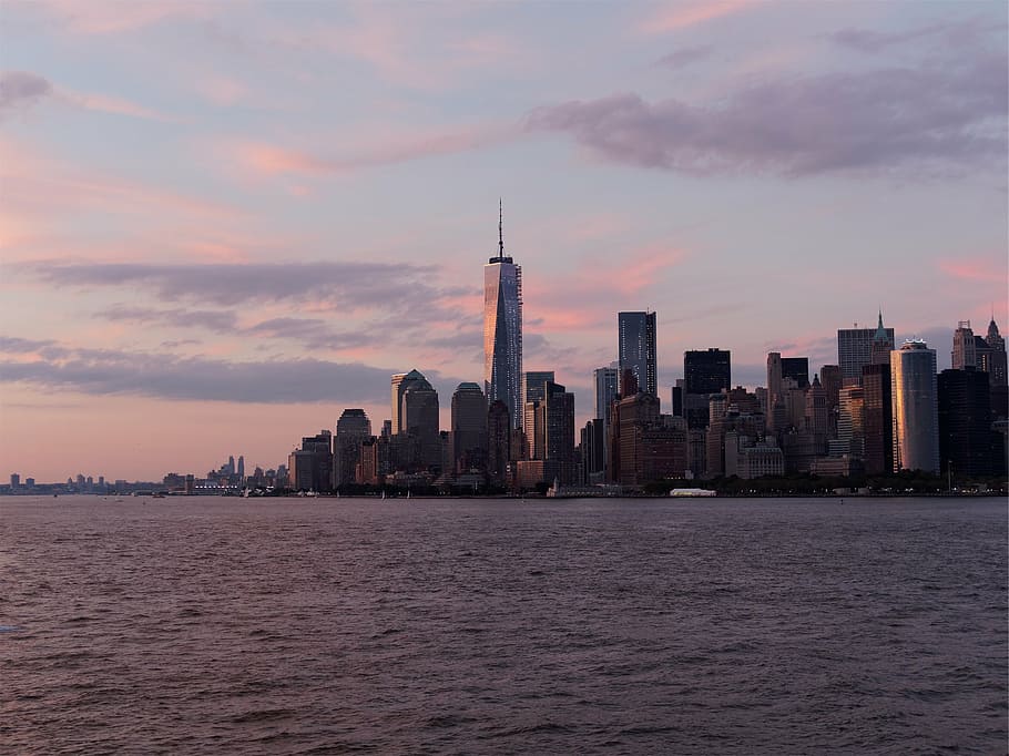 cidade, corpo, dia, fotografia, edifícios, próximo, mar, Nova York, linha do horizonte, NYC
