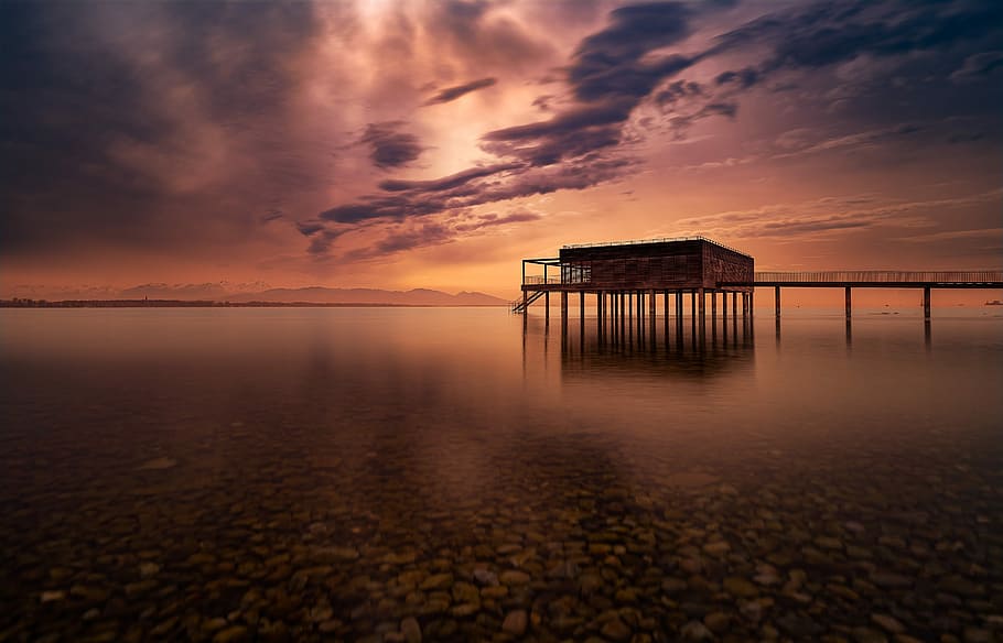building, body, water, sunset, waters, lake, dusk, nature, lake constance, evening