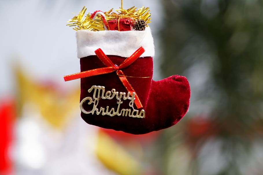 selective, focus photography, red, white, christmas, stocking, Merry Christmas, X-Mas, December-25, happy christmas