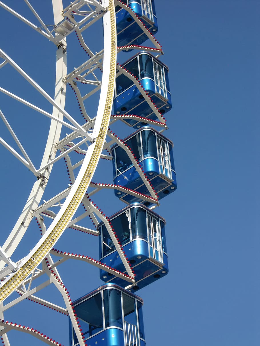 ferris wheel, gondolas, fairground, oktoberfest, folk festival, ride, carnies, sky, clear sky, amusement park ride