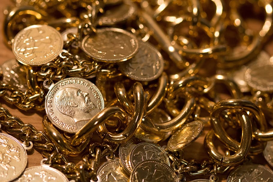 koleksi koin, emas, harta, kaya, uang, koin, logam, berwarna emas, kekayaan, berkilau