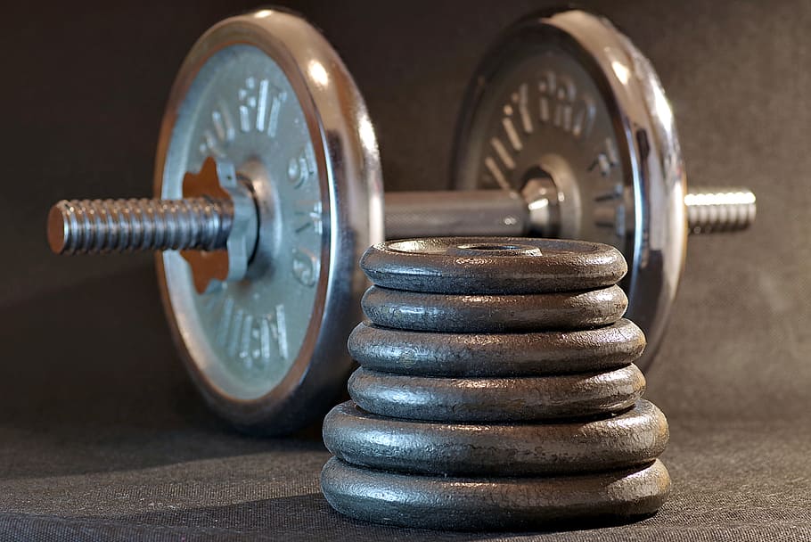 gray, dumbbell, weighing, plates, closeup, sport, gym, fitness, bodybuilding, metal