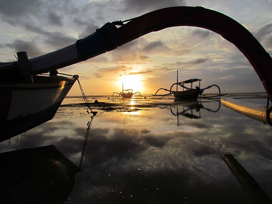 Sanur, Landscape, Bali, Indonesia, Sun, sunrise, sea, boat, canoe, oriental