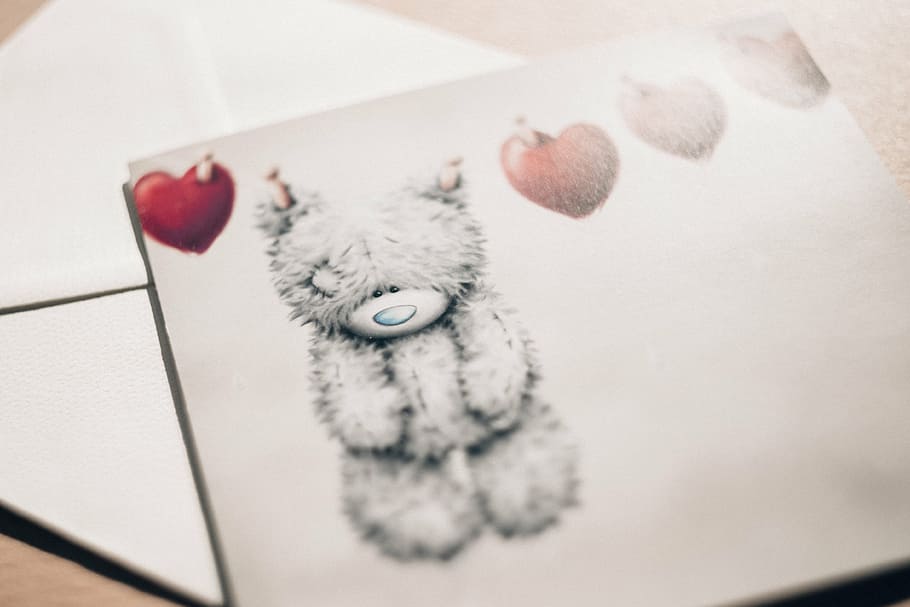teddy, bear, kartu undangan, atas, amplop, surat, valentine, hati, cinta, imut