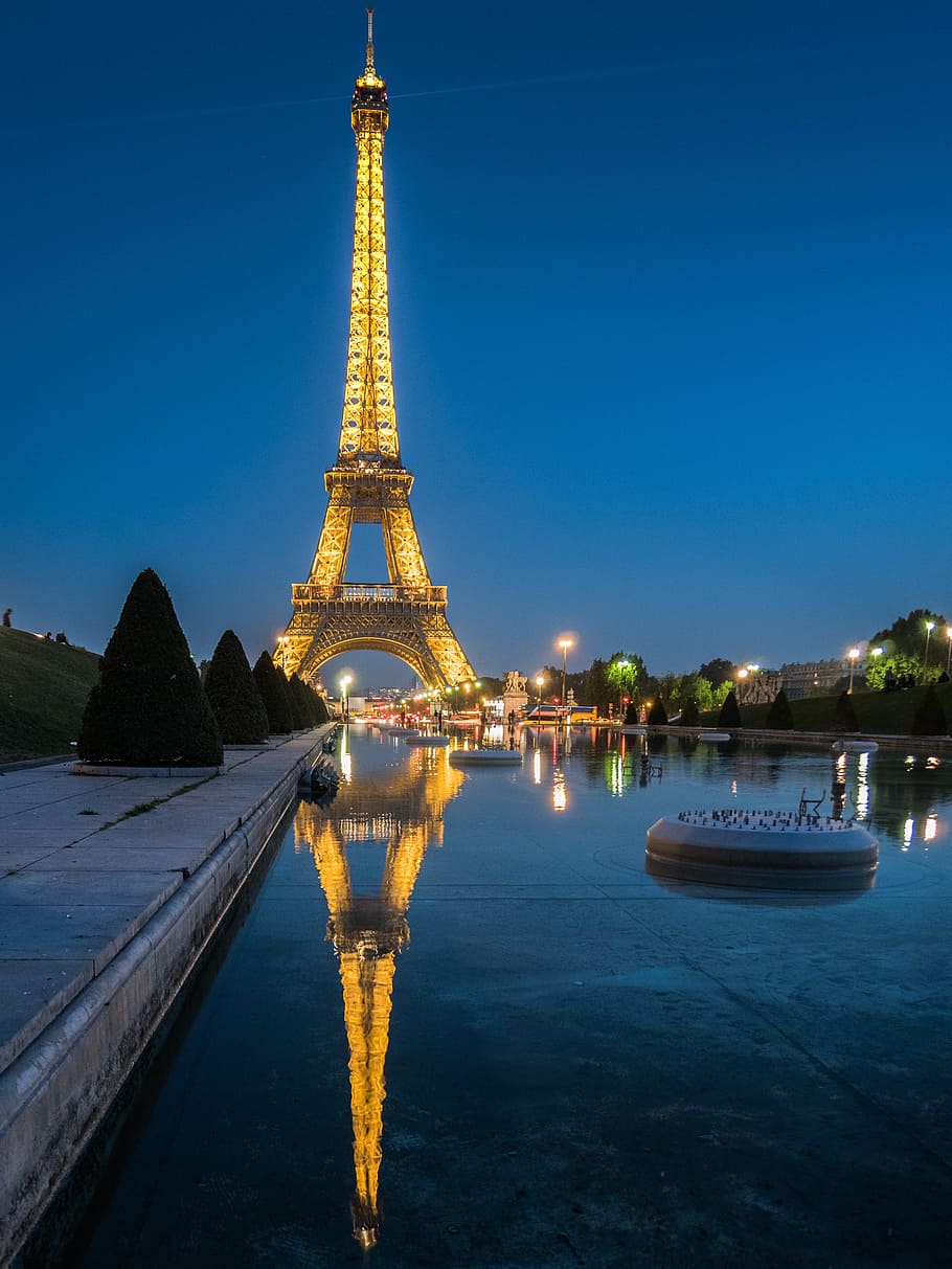 eiffel tower, paris, Paris, Eiffel Tower, Water, Night, water, night, reflection, pond, light, lighting