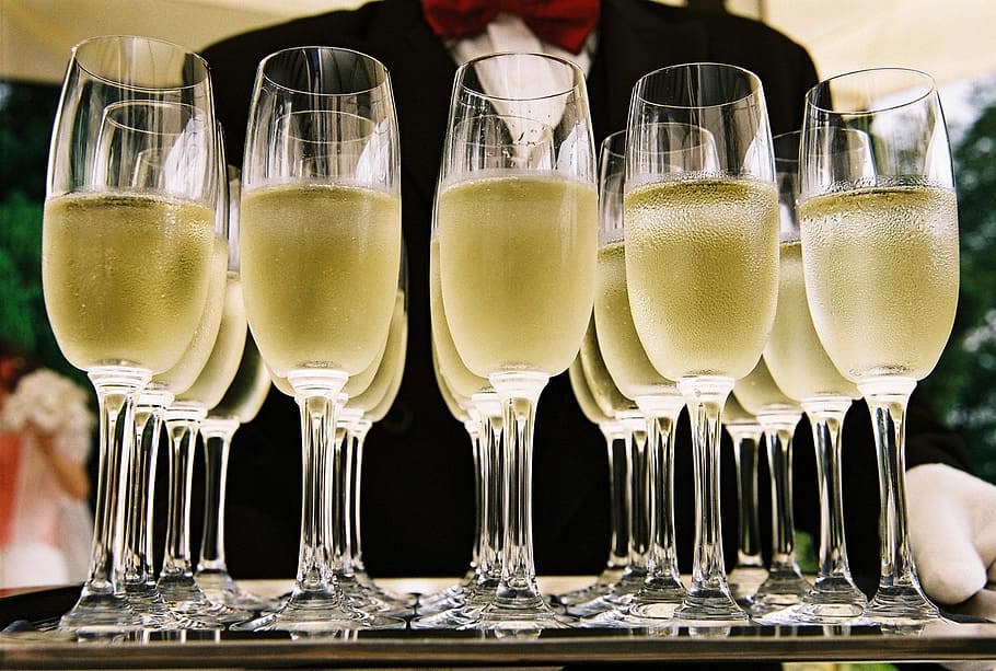filled, clear, glass champagne flutes, drink, champagne, alcohol, celebration, glass, food and drink, refreshment
