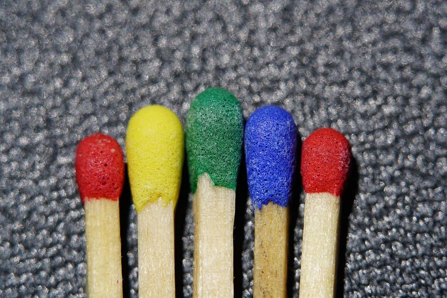 matches, fire, match, sulfur, match head, multi colored, close-up, wood - material, indoors, in a row