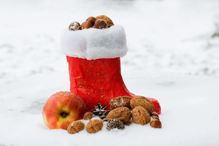 unpaired, red, boot, walnuts, nicholas boots, boots, st nicholas day, filled, apple, hazelnuts