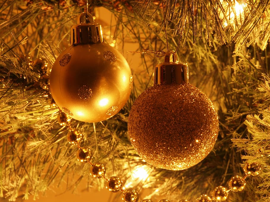 two, gold baubles, hanging, christmas tree, decorations, ornaments, balls, christmas, xmas, celebrations