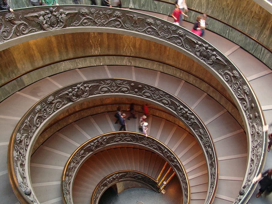 kota vatikan, museum, roma, arsitektur, struktur yang dibangun, di dalam ruangan, susuran tangga, tangga spiral, tangga dan tangga, spiral