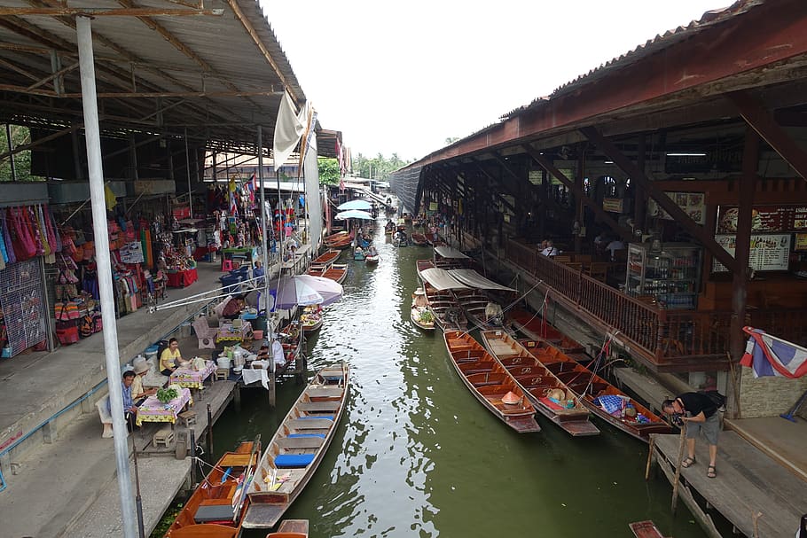 Tailandia, mercado flotante, viajes, mercado, agua, estructura construida, embarcación náutica, exterior del edificio, transporte, arquitectura