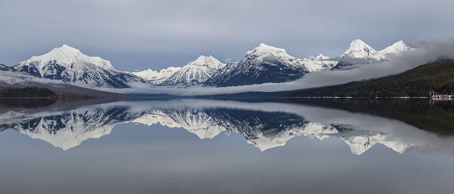 Lake McDonald, body of water, calm, overlooking, snow, capped, mountains, mountain, water, reflection