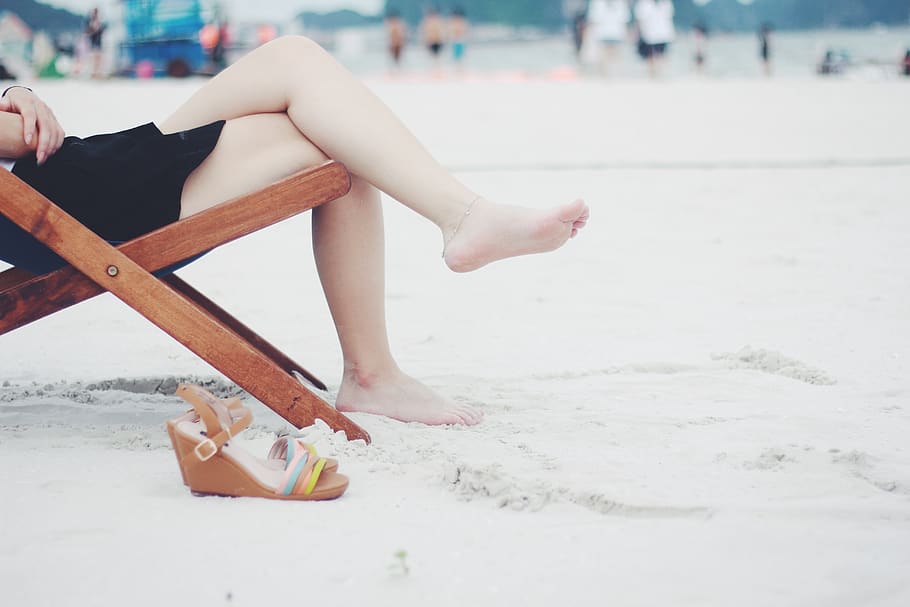 beach, beach chair, feet, female, barefoot, girl, lady, legs, leisure, outdoors