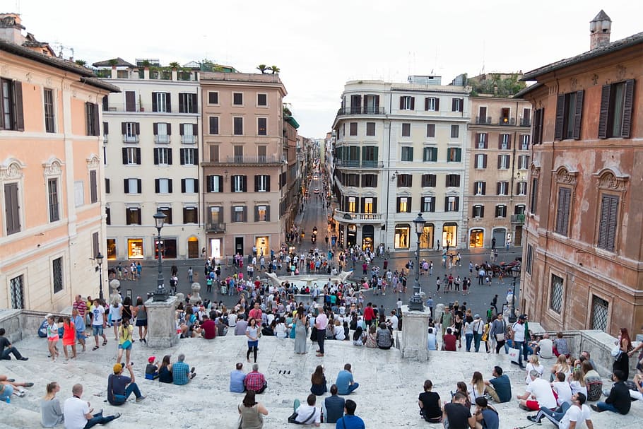 gente, para caminar, calle, durante el día, Roma, Plaza de España, Arquitectura, escaleras, Italia, gran grupo de personas