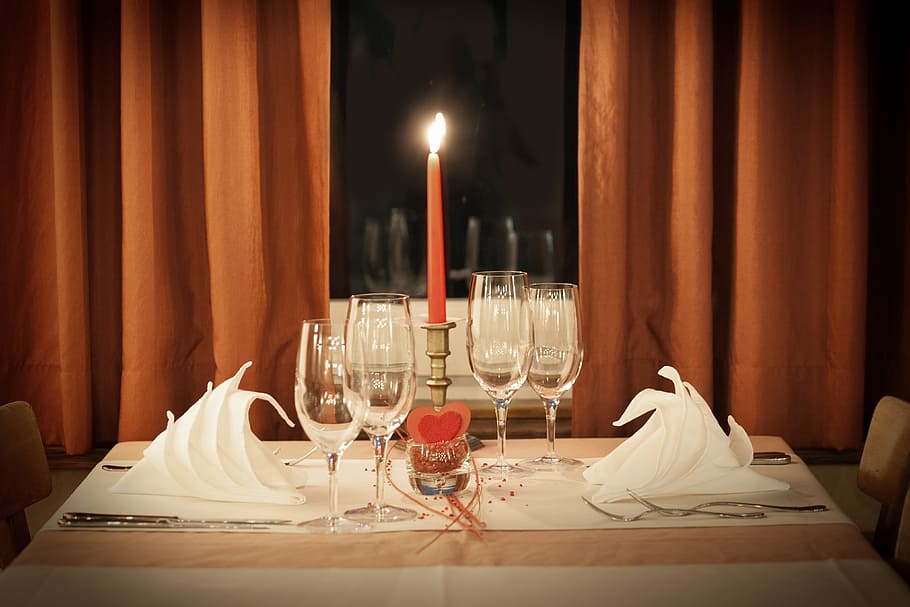 four, clear, flute glasses, table, red, taper, candle, table decoration, dinner for two, valentine's day