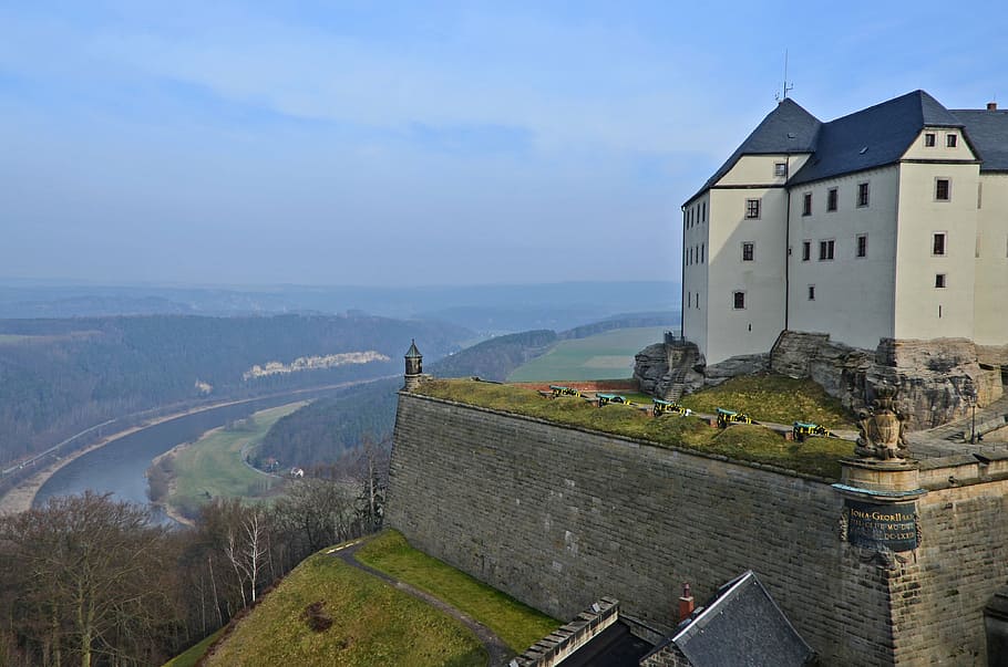 fortress doncaster, saxony, castle, knight's castle, elbe, pirna, rock, river, wall, cannon