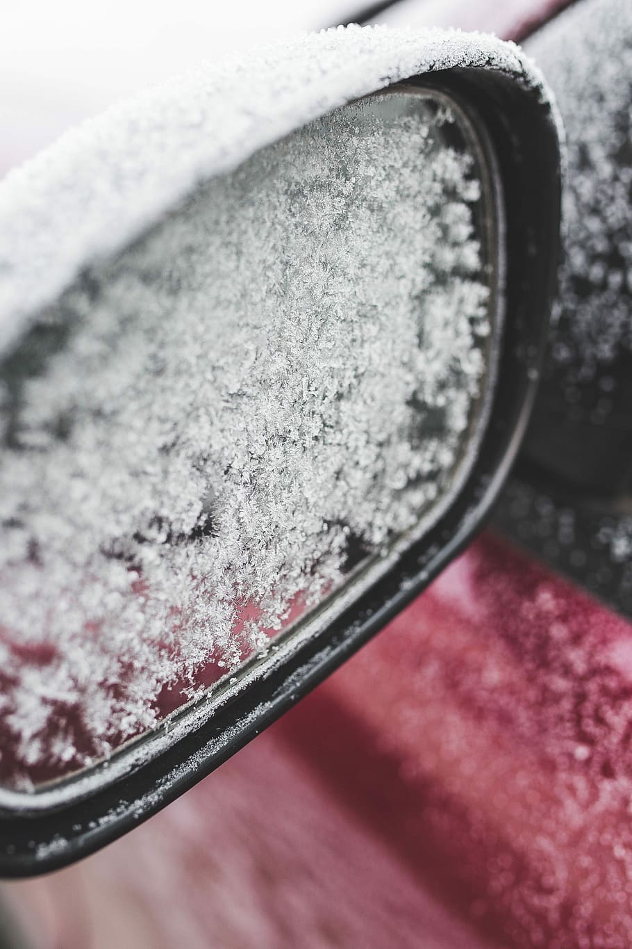red, car, Frost, red car, background, winter, cold, ice, close-up, mirror
