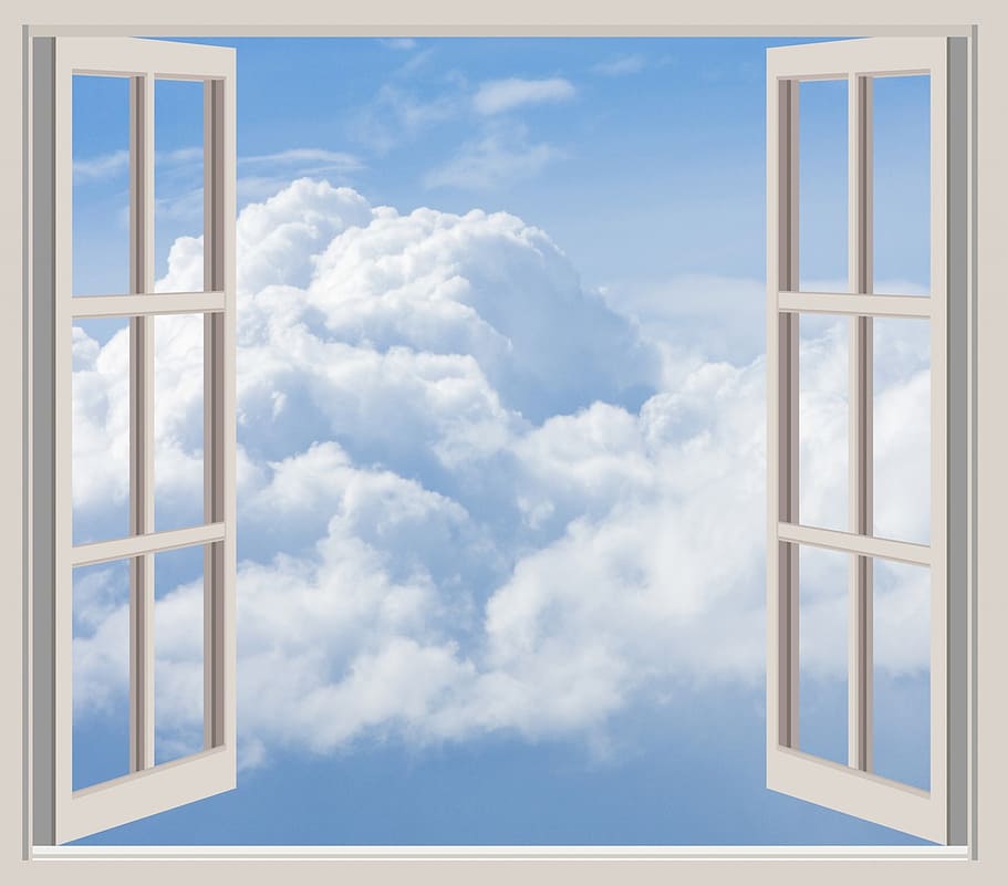 white clouds, clouds, window, frame, open, seen through window, scene through window, fluffy, white, clouds through window
