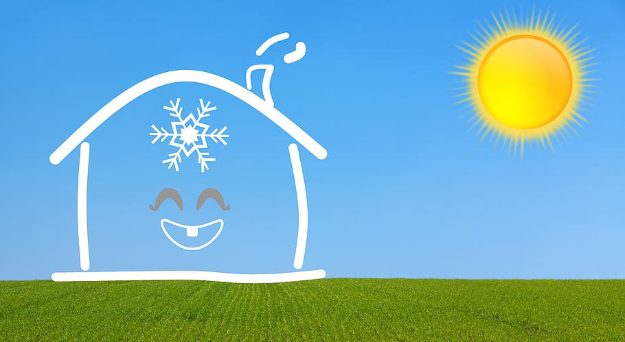 aire acondicionado, casa, refrigeración, verano, sol, copo de nieve, divertido, acondicionador, frío, calefacción y aire acondicionado