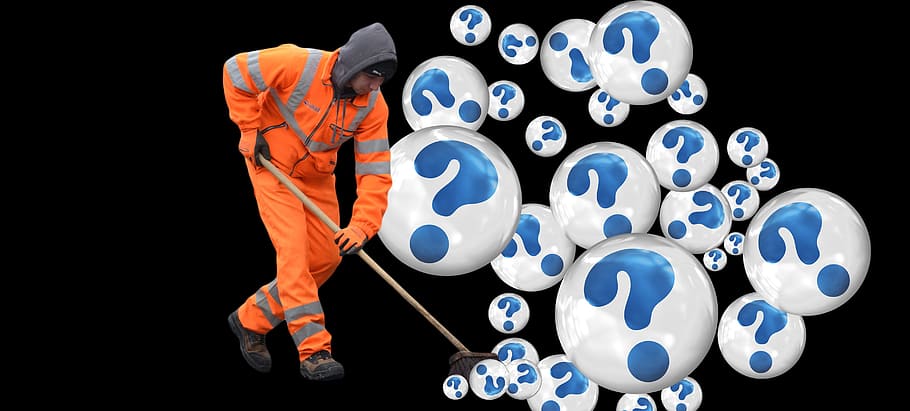 man, wearing, orange, suit, mopping, question mark bobbles, question mark, street sweeper, street cleaning, problems