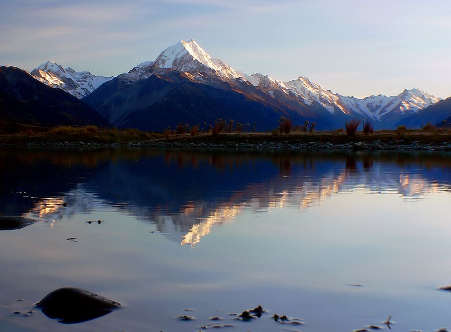 Mount Cook, NZ, body of water, calm, overlooking, snow, capped, mountain, range, beauty in nature