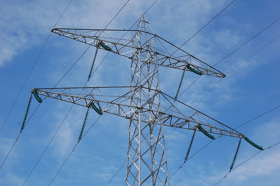 pylon, flow, high voltage line, high voltage, powerlines, electricity, high voltage mast, sky, cable, fuel and power generation