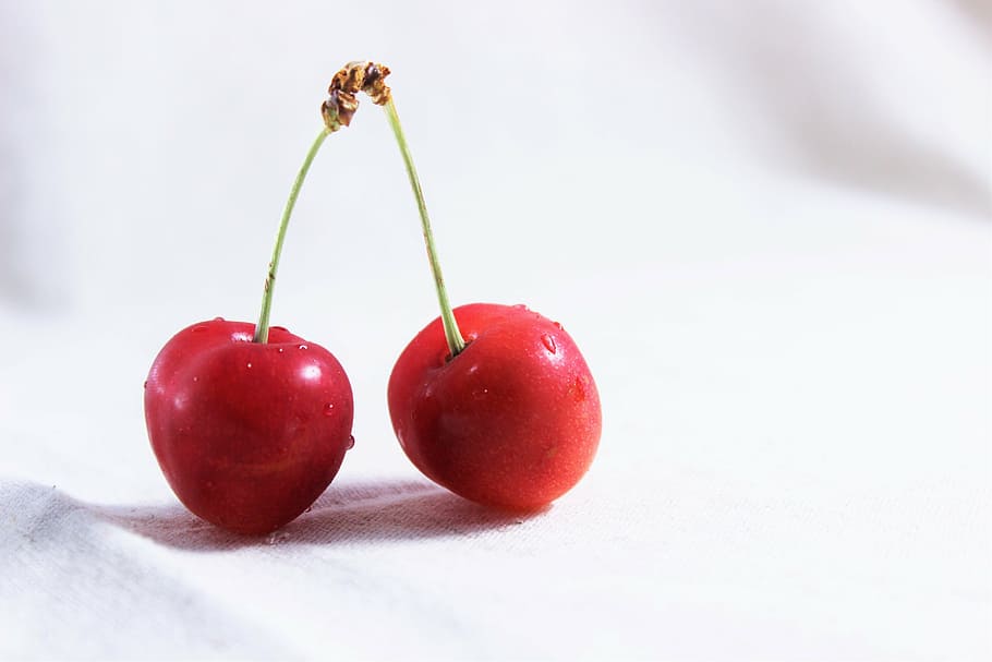 two, red, cherries, white, surface, and cherries, fruit, sweet, sour, summer