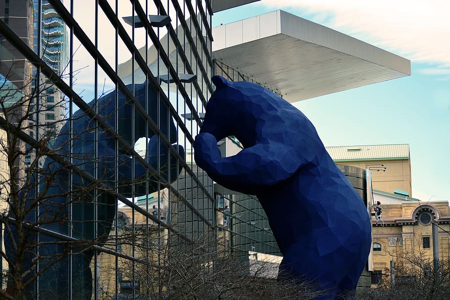 bear, statue infront, building, blue, denver, monument, landmark, big, office building, office