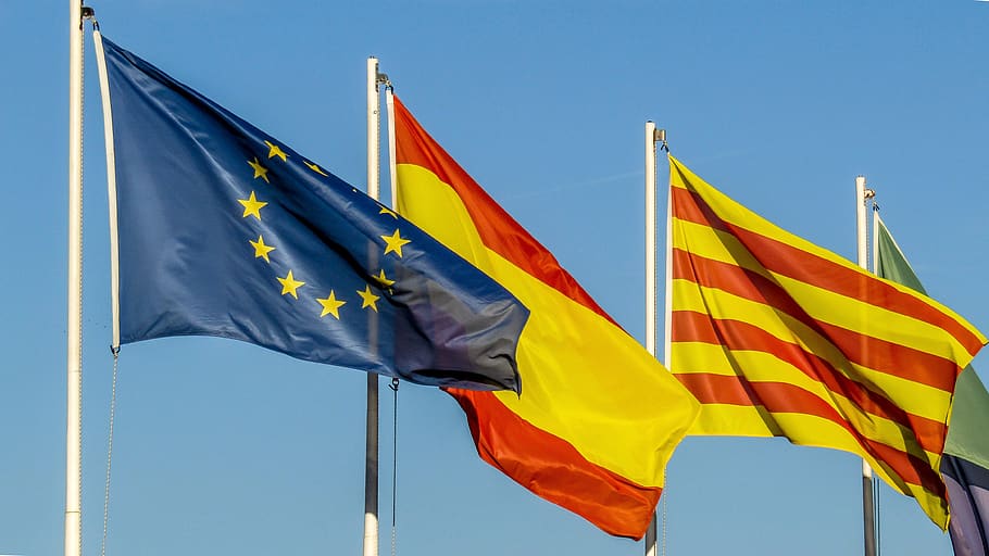 bandeira, espanha, união europeia, europa, catalunha, país, nação, símbolo, nacional, internacional