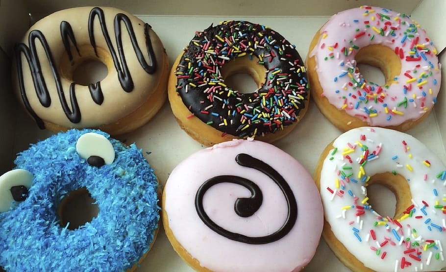 six, assorted-color, frosted, doughnuts, variety, donuts, chocolate, treat, decorated, sweet