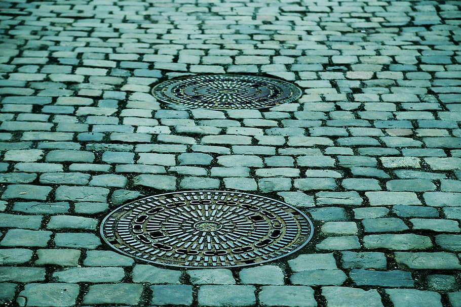 two, gray, steel manhole, cover, manhole covers, gulli, gullideckel, away, paving stones, pattern
